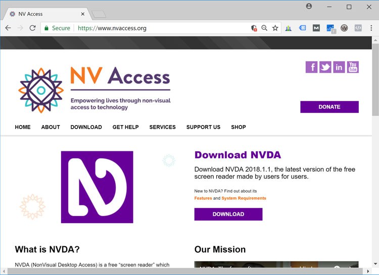 Screenshot: NV Access Home Page