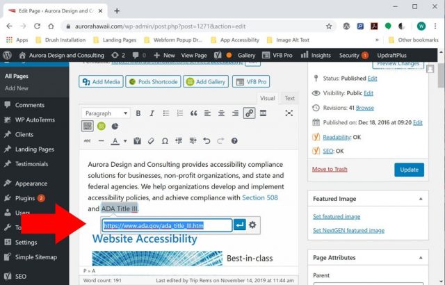 Screenshot of WordPress dashboard with link text highlighted