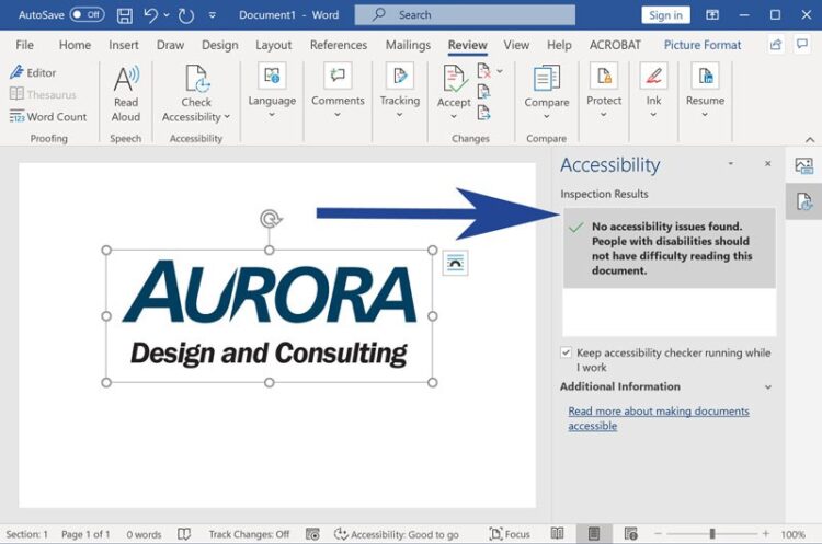 Screenshot from Microsoft Word with accessibility checker highlighted