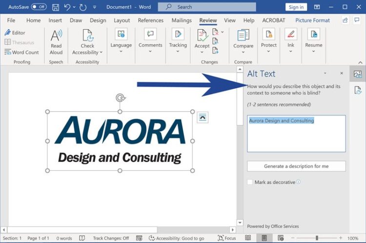 Screenshot from Microsoft Word with alt text panel highlighted