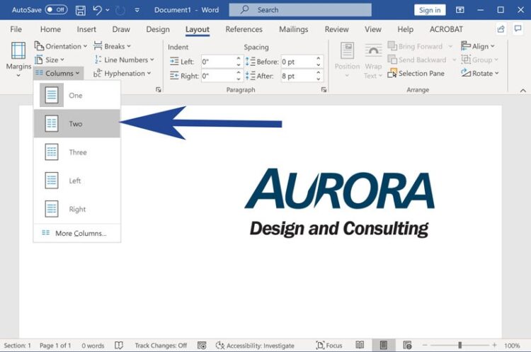 Screenshot from Microsoft Word with column layouts menu expanded