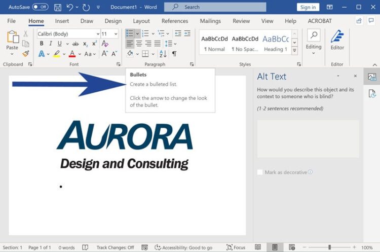 Screenshot of Microsoft Word with Bullet list styles highlighted