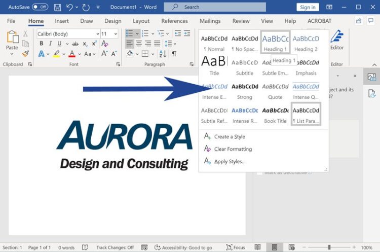 Screenshot from Microsoft Word with styles panel expanded