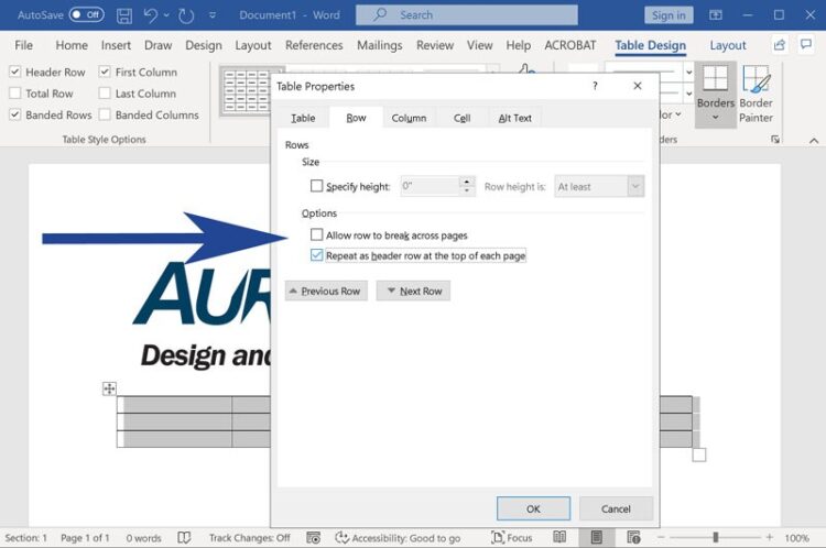 Screenshot from Microsoft Word with Table properties dialog highlighted