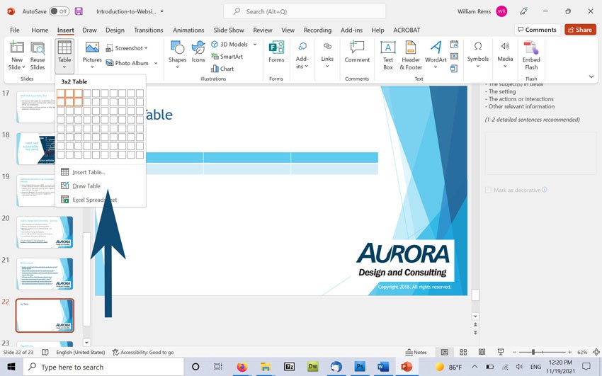 Screenshot showing Insert Table pane in MS PowerPoint