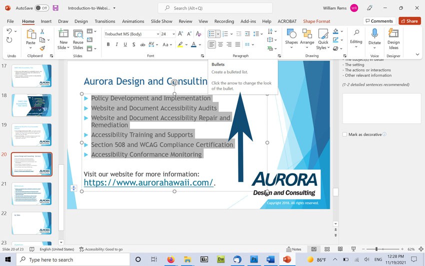 Screenshot showing list formatting options in MS PowerPoint