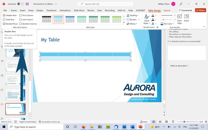 Screenshot showing table design properties in MS PowerPoint