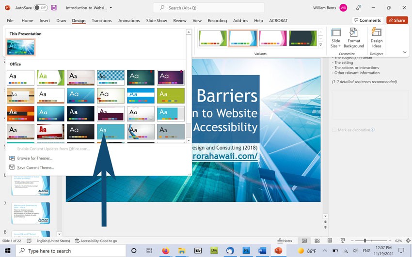 Screenshot showing theme options in MS PowerPoint